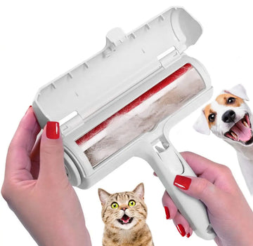Pet hair remover roller for dogs and cats with self-cleaning base