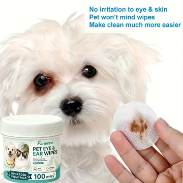 Farienne 100pcs Pet Eye And Ear Wipes for Dogs And Cats Gentle Non-Irritating Tear Stain Remover Cleaning Wipes