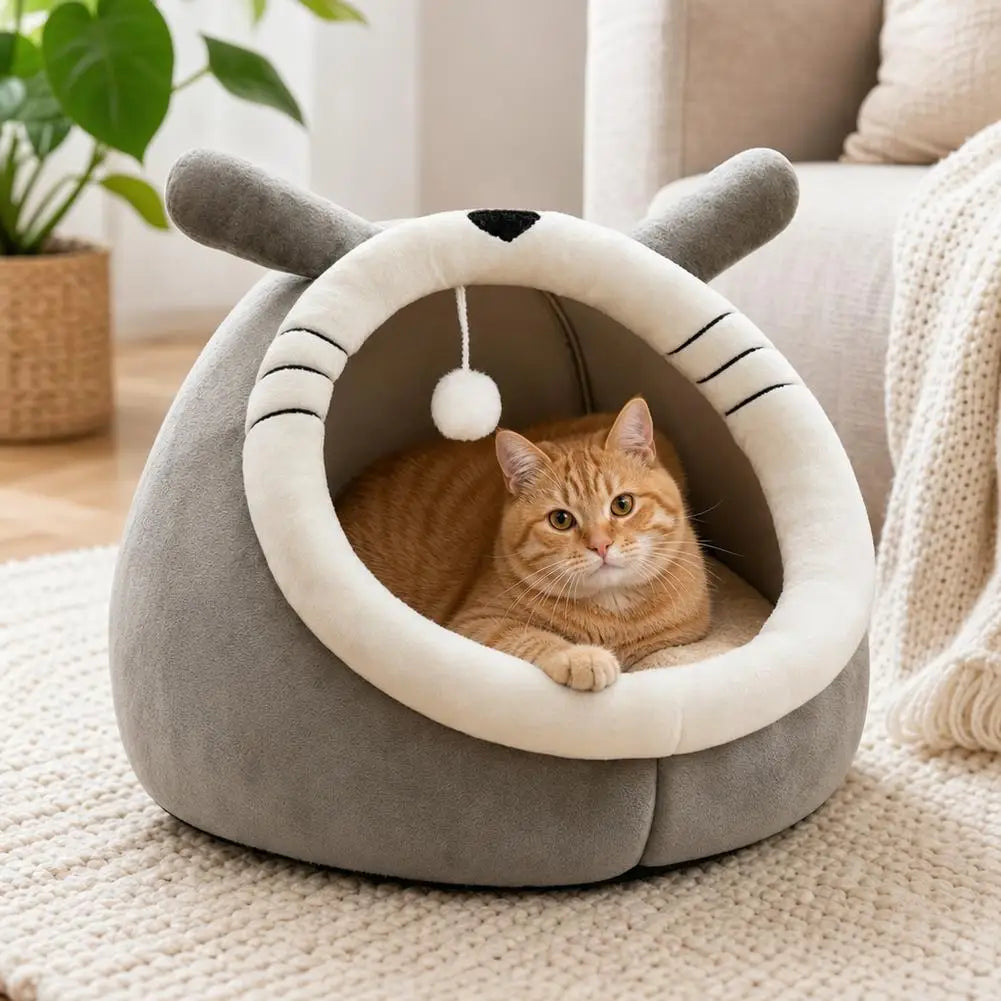 Cute Cartoon Cat Bed Cave Warm Soft Indoor Kitten House Sleeping Nest Basket Tent Cushion For Small Dogs Cats Accessories