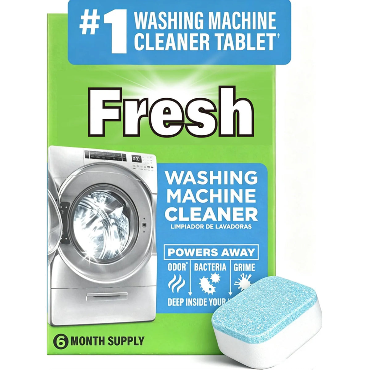 Fresh washing machine cleaner tablet packaging box with a light blue and white single tablet shown in front, on a white background.