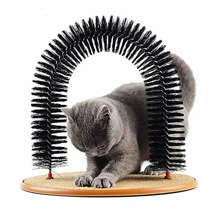 Cat self-grooming arch with massage brush and scratching pad
