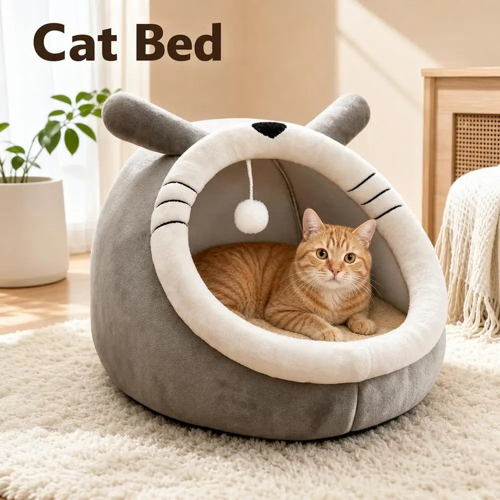 Cute Cartoon Cat Bed Cave Warm Soft Indoor Kitten House Sleeping Nest Basket Tent Cushion For Small Dogs Cats Accessories
