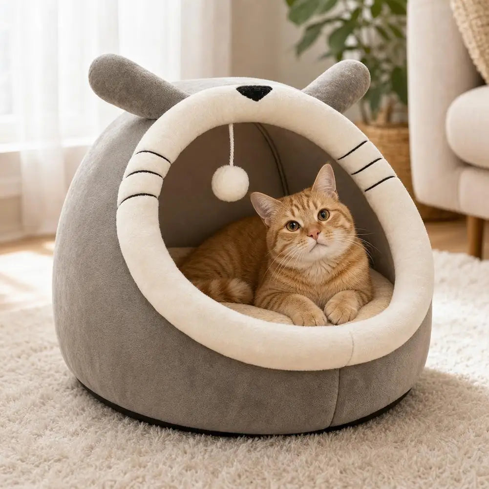 Cute Cartoon Cat Bed Cave Warm Soft Indoor Kitten House Sleeping Nest Basket Tent Cushion For Small Dogs Cats Accessories