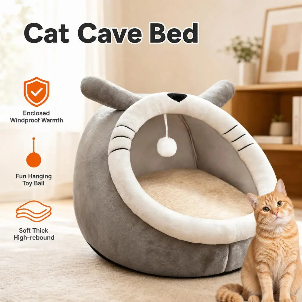 Cute Cartoon Cat Bed Cave Warm Soft Indoor Kitten House Sleeping Nest Basket Tent Cushion For Small Dogs Cats Accessories