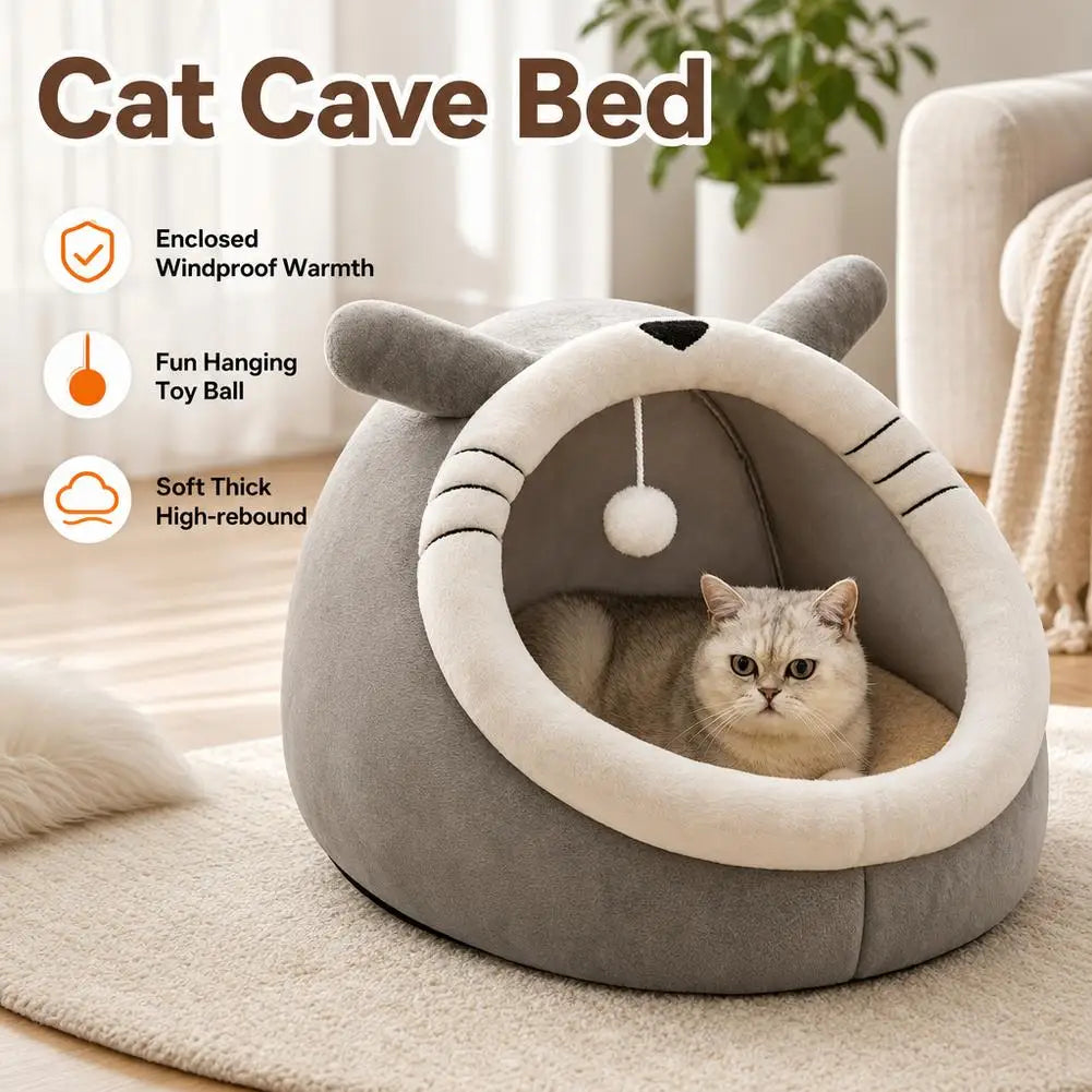 Cute Cartoon Cat Bed Cave Warm Soft Indoor Kitten House Sleeping Nest Basket Tent Cushion For Small Dogs Cats Accessories
