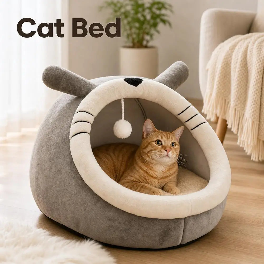 Cute Cartoon Cat Bed Cave Warm Soft Indoor Kitten House Sleeping Nest Basket Tent Cushion For Small Dogs Cats Accessories