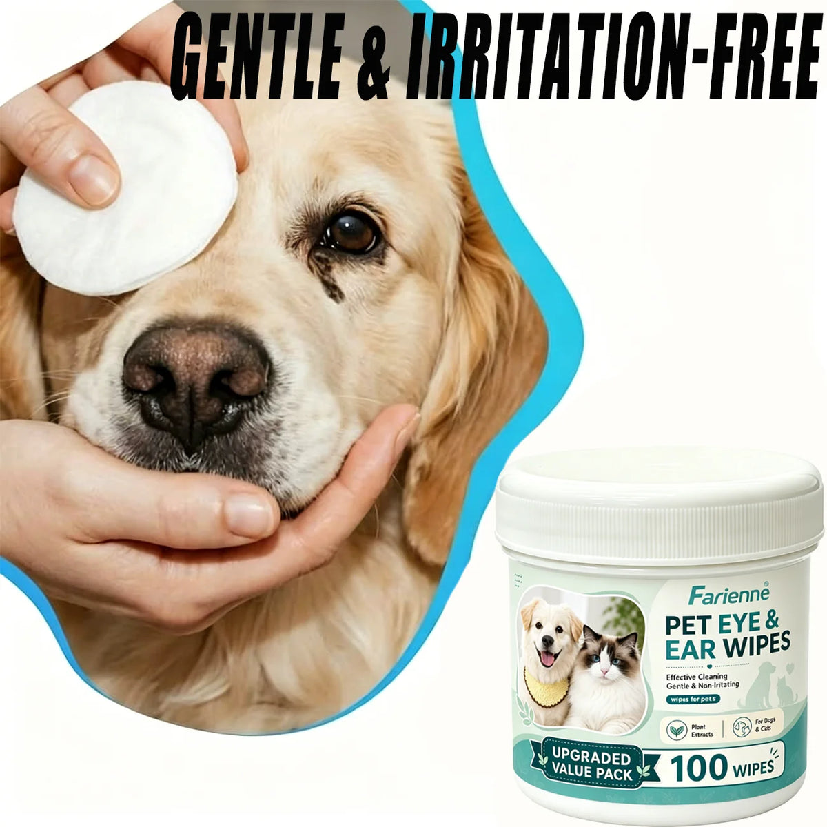 Farienne 100pcs Pet Eye And Ear Wipes for Dogs And Cats Gentle Non-Irritating Tear Stain Remover Cleaning Wipes