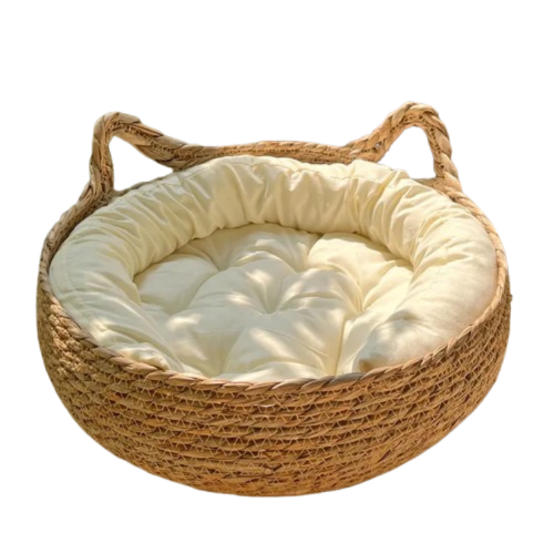 Woven basket with a cream-colored cushion on a white background